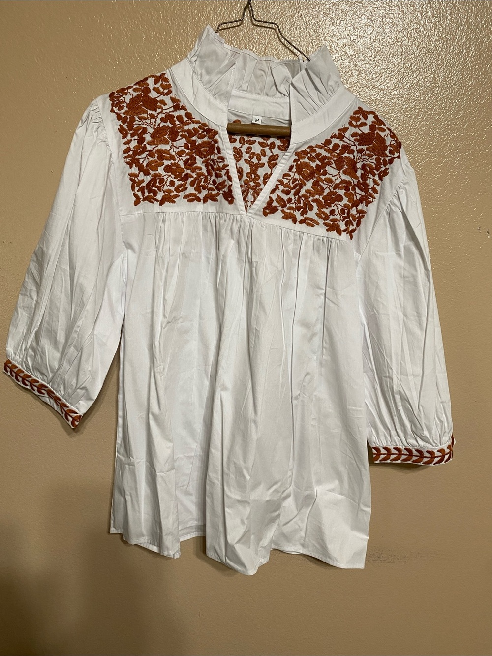Spirit White Cotton Blouse with Rust Floral Embroidery